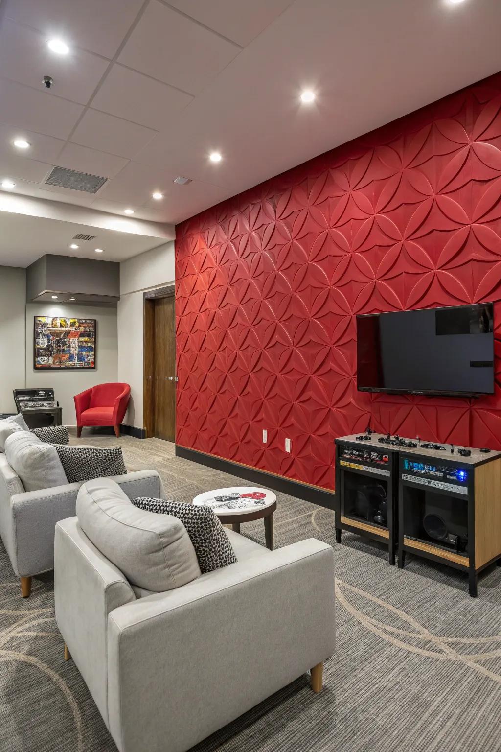 A red accent wall adds excitement and boldness to your game room.