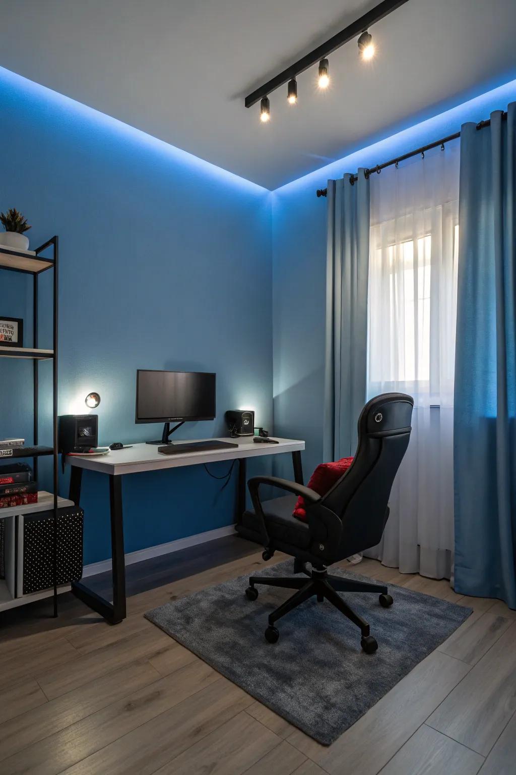 Blue tones craft a calming and focused gaming space.