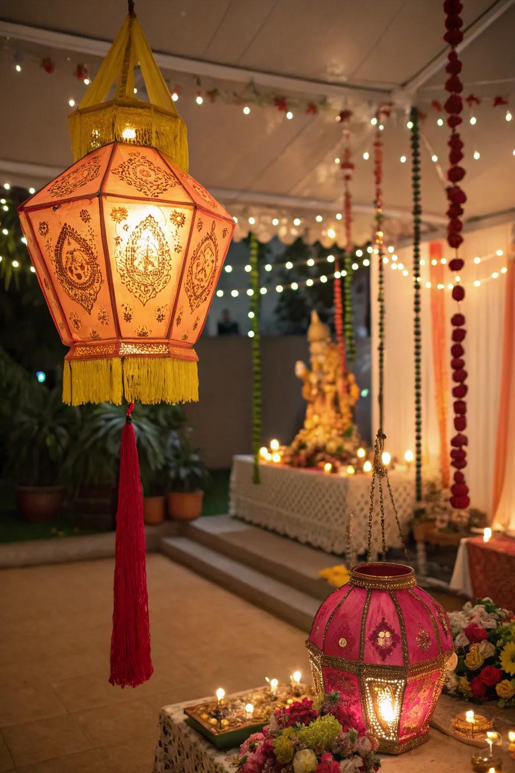 Lamps and twinkle lights spreading a cozy and inviting glow for Ganesh Chaturthi celebrations.