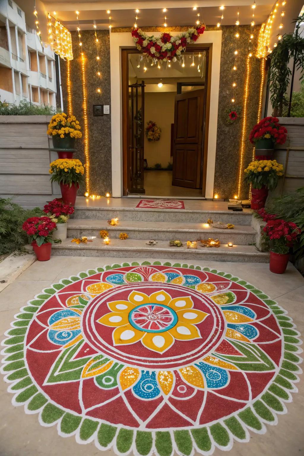 Vibrant ground painting extends a welcoming gesture to your festive dwelling.