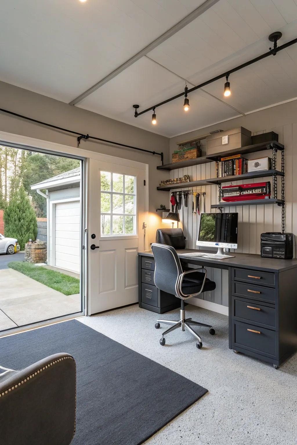 A garage repurposed as a functional home office.