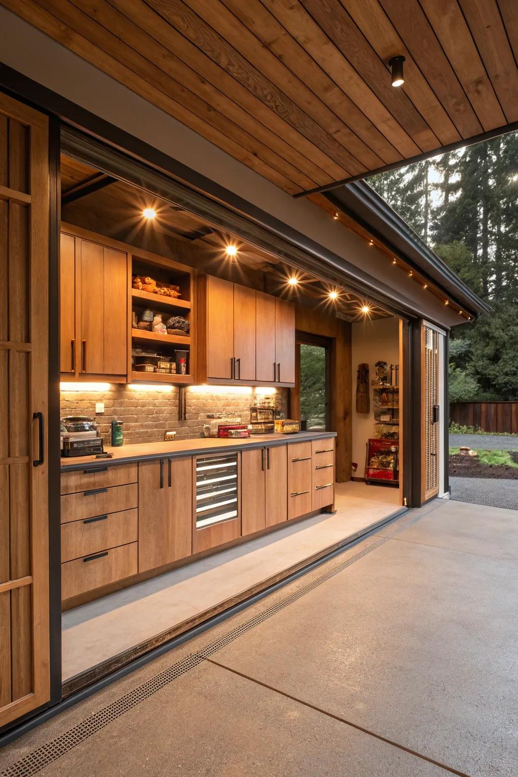 Natural hues add comfort and warmth to this garage.