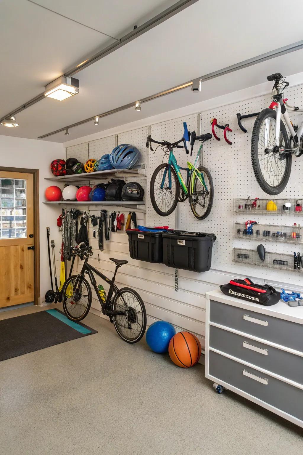 Wall-mounted racks effectively utilize vertical space in the garage.