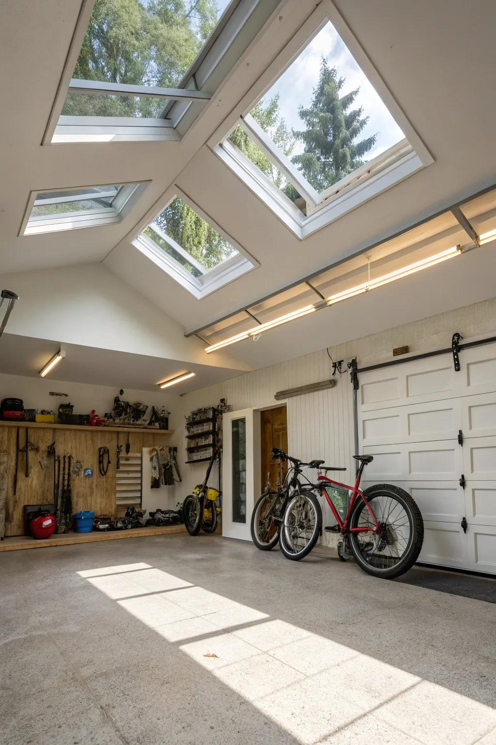 A sun-filled garage interior featuring well-placed skylights.