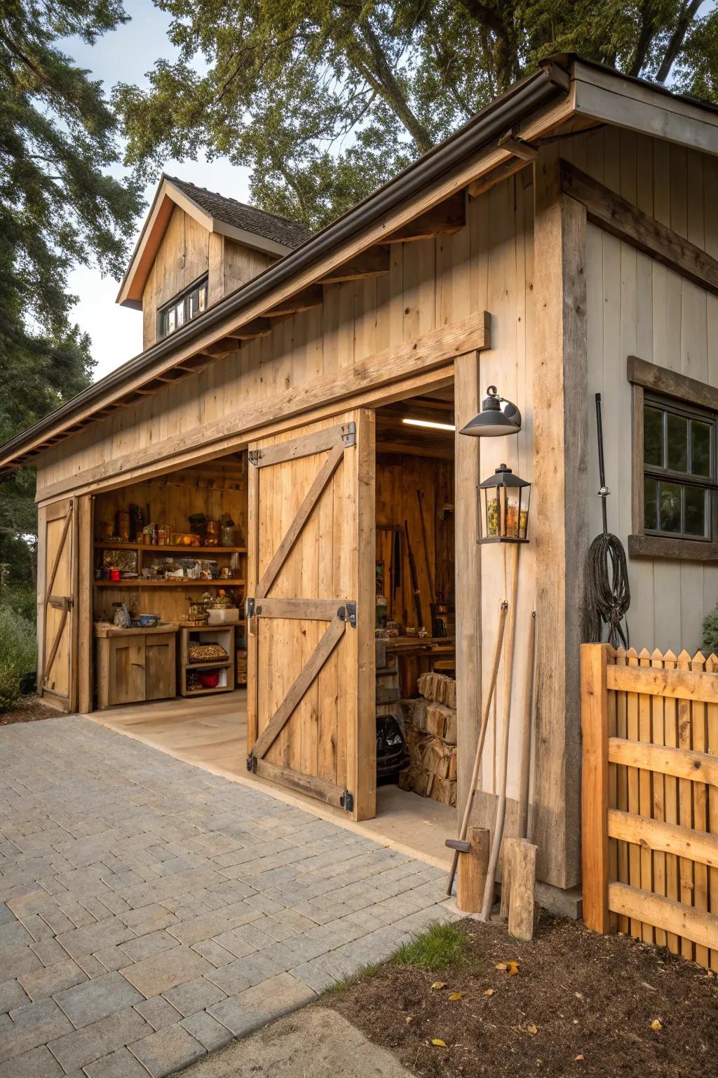 A delightful rustic barn-style garage with wooden accents.