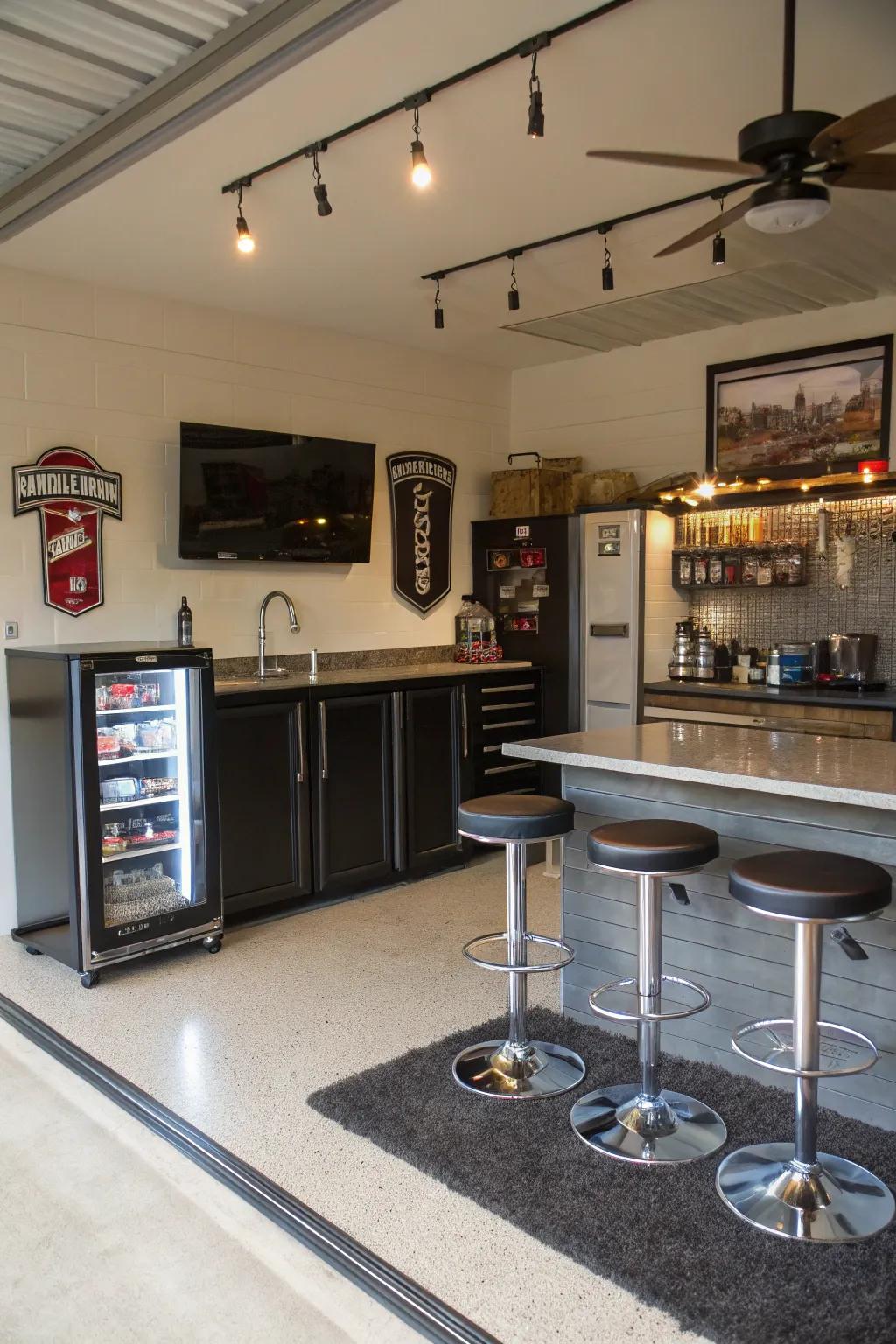 An elegant and stylish bar arrangement for your garage man cave.