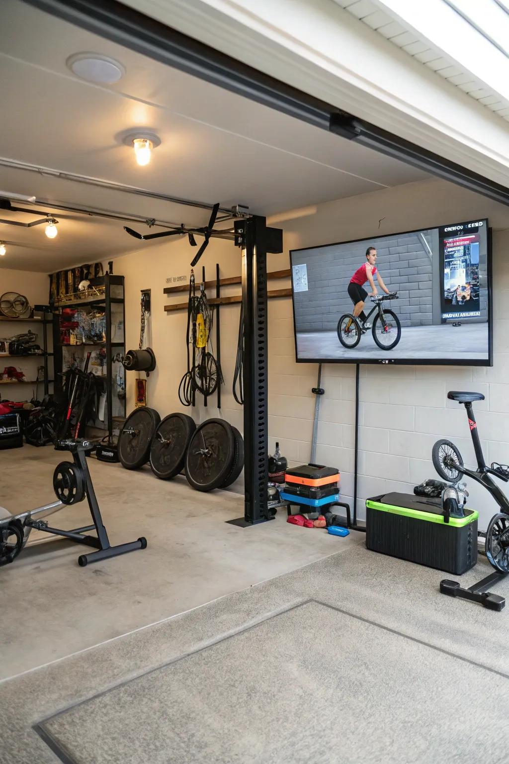 Stay motivated in your fitness area with a TV showing workout videos.