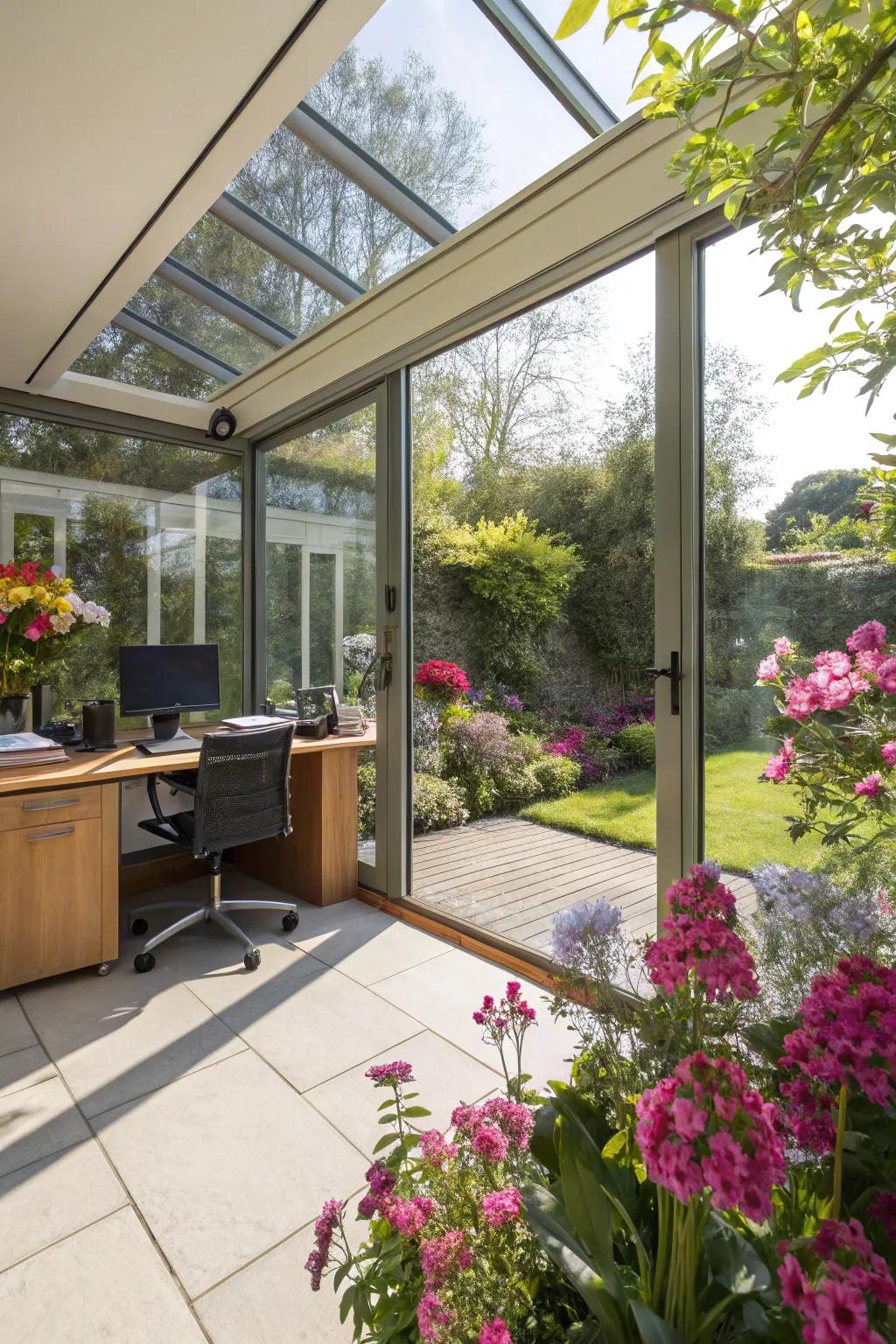 A sunlit garden office with glass walls, offering a bright and airy feel.