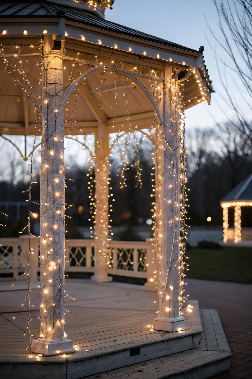 Fairy lights encircling the gazebo pillars introduce a whimsical element.