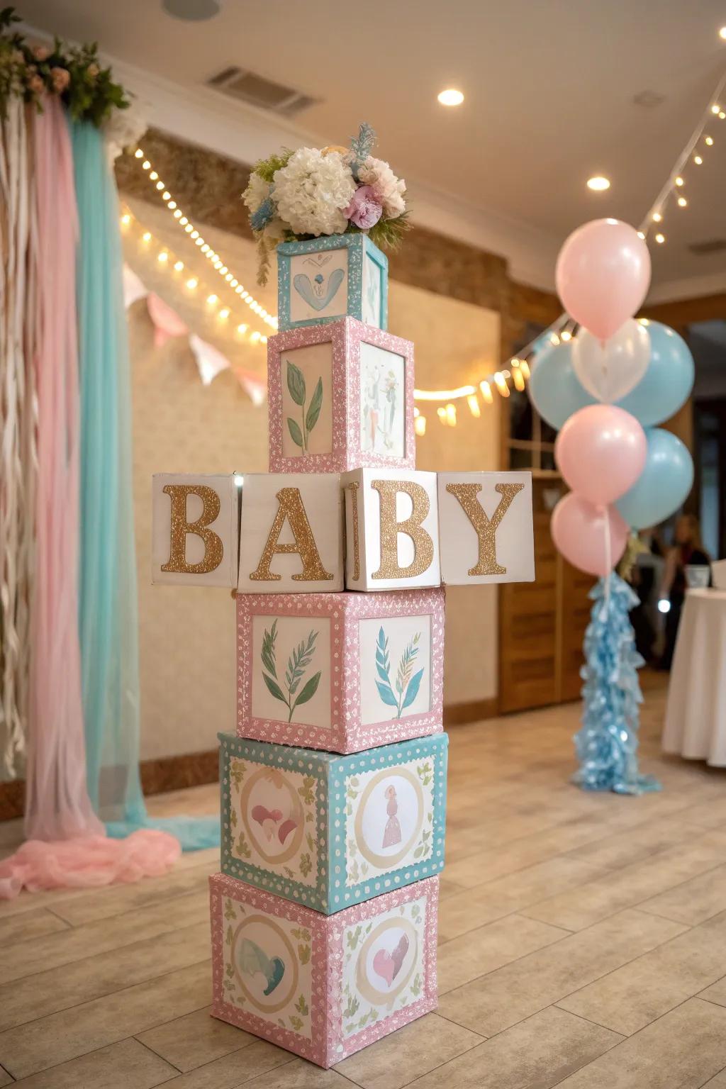 Ornamental cubes introduce a playful and charming detail to any gender reveal party.