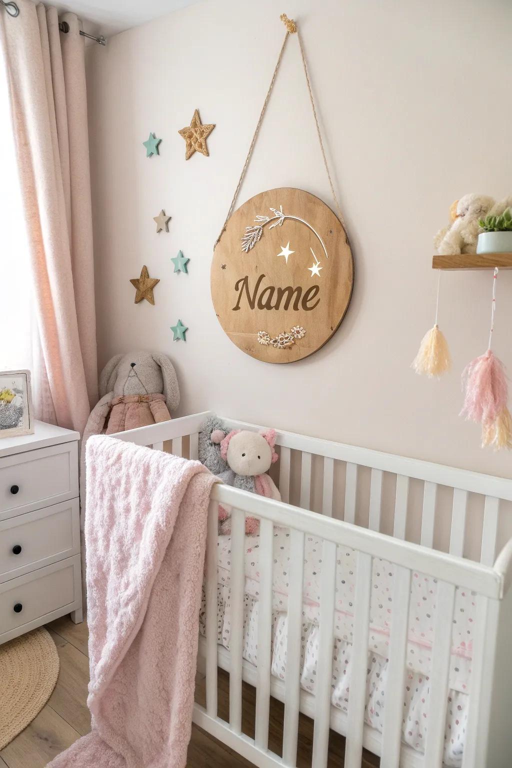 A personalized name sign imparts a unique touch to the nursery.