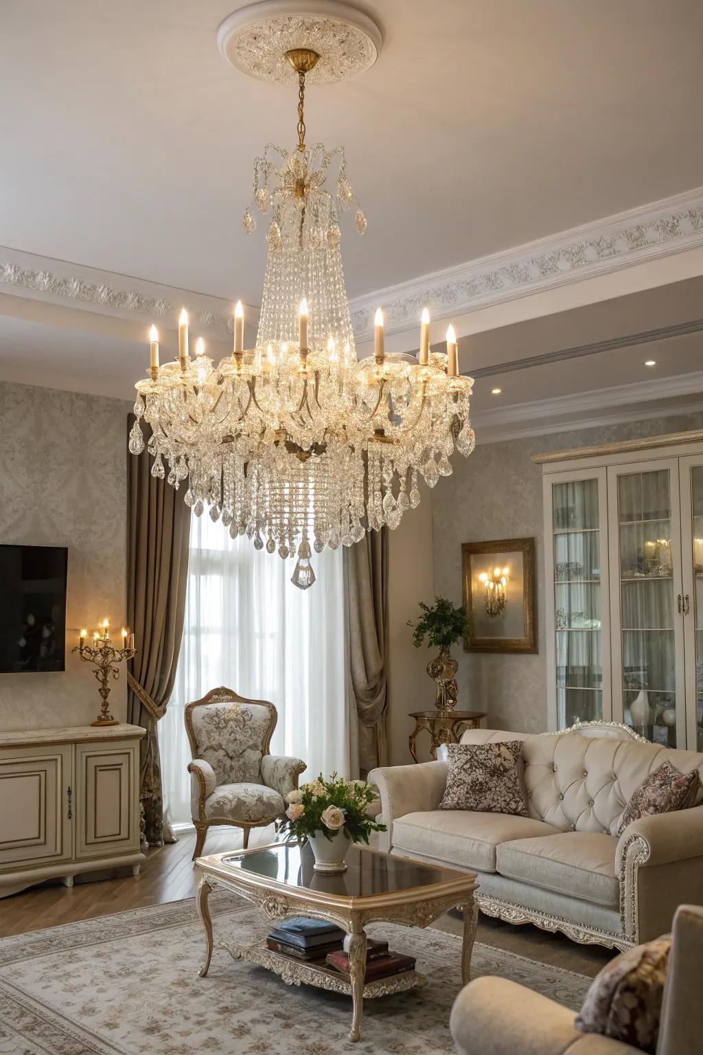 An elegant living area illuminated by a delicate candelabra.