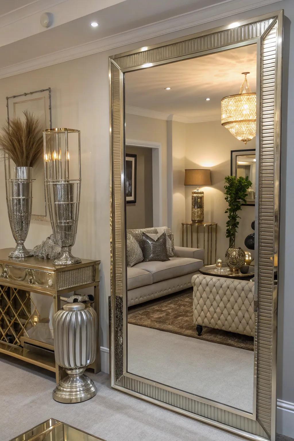 Mirrors and metallics enhance the light and space in a glam living space.