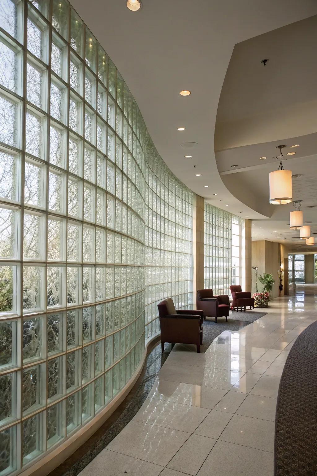 An interior space shows a curved glass block wall, bringing style and architectural interest.