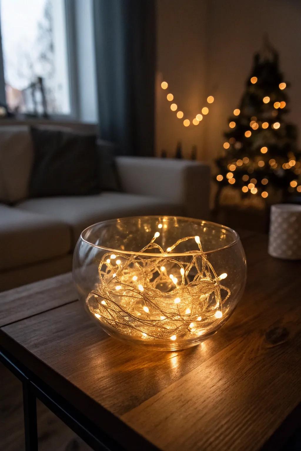 Fairy lights within a glass bowl, creating a magical, inviting ambiance.