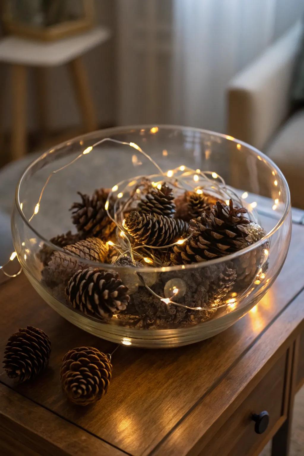 A mesmerizing radiance emanating from light strands nestled in a glass bowl.