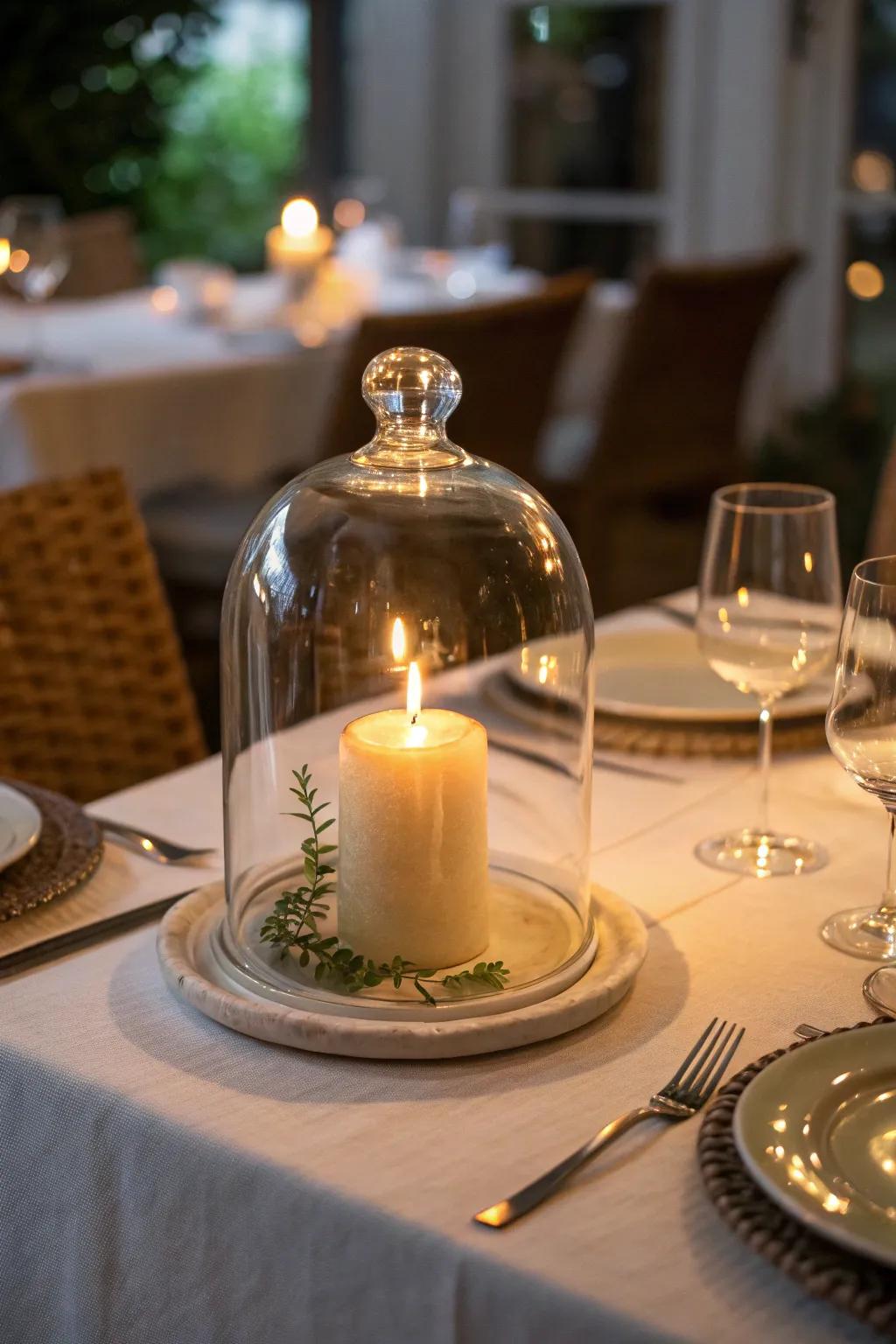 A flame nestled under a glass cloche enhances a supper setting with a cozy radiance.