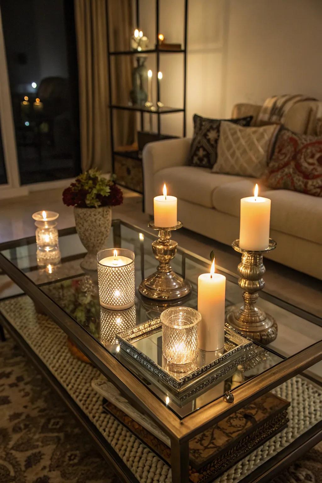 Lights on a glass coffee table make a cozy and inviting setting.