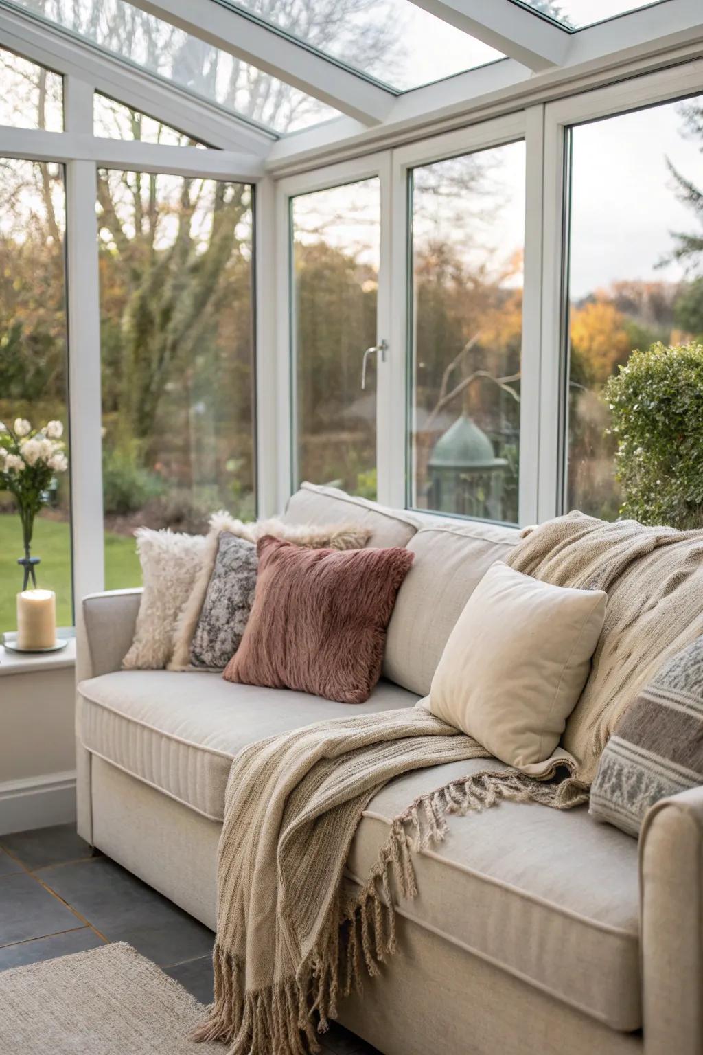 A comfortable corner couch perfect for relaxing in a glass extension.