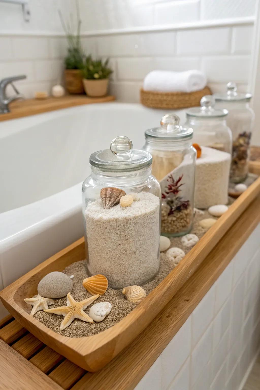 Beach-themed containers evoke feelings of calmness and seaside charm.