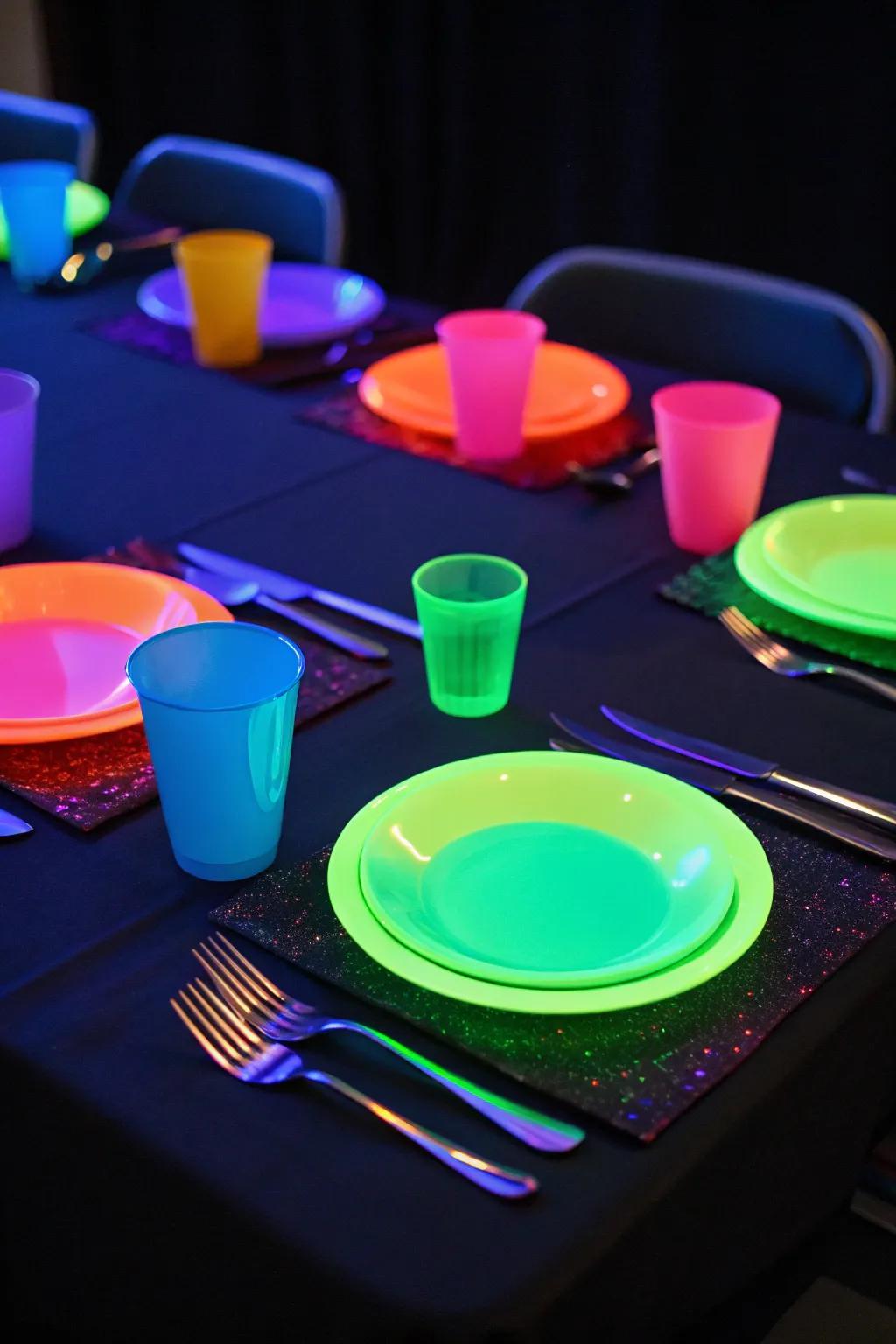 Neon tableware completes the glowing theme with flair.