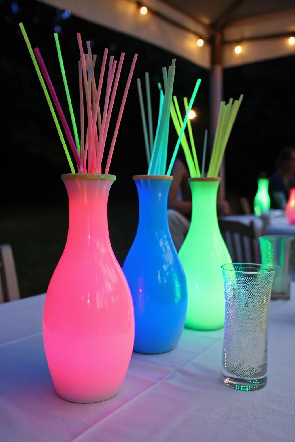 Craft vibrant centerpieces using neon paint and glow sticks.