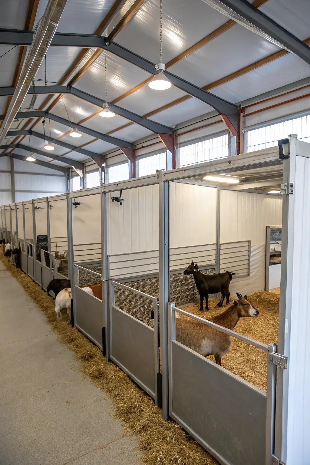 A sectional goat shelter with reconfigurable pens for versatility.