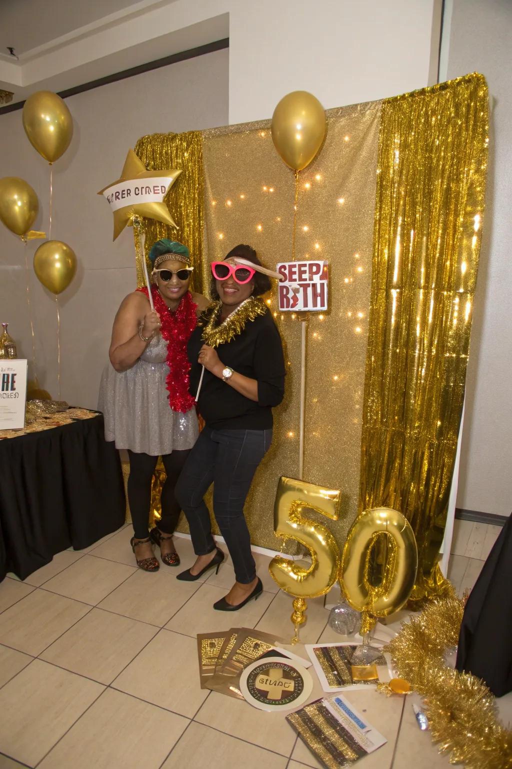 A golden-themed picture station captures fun memories for attendees.