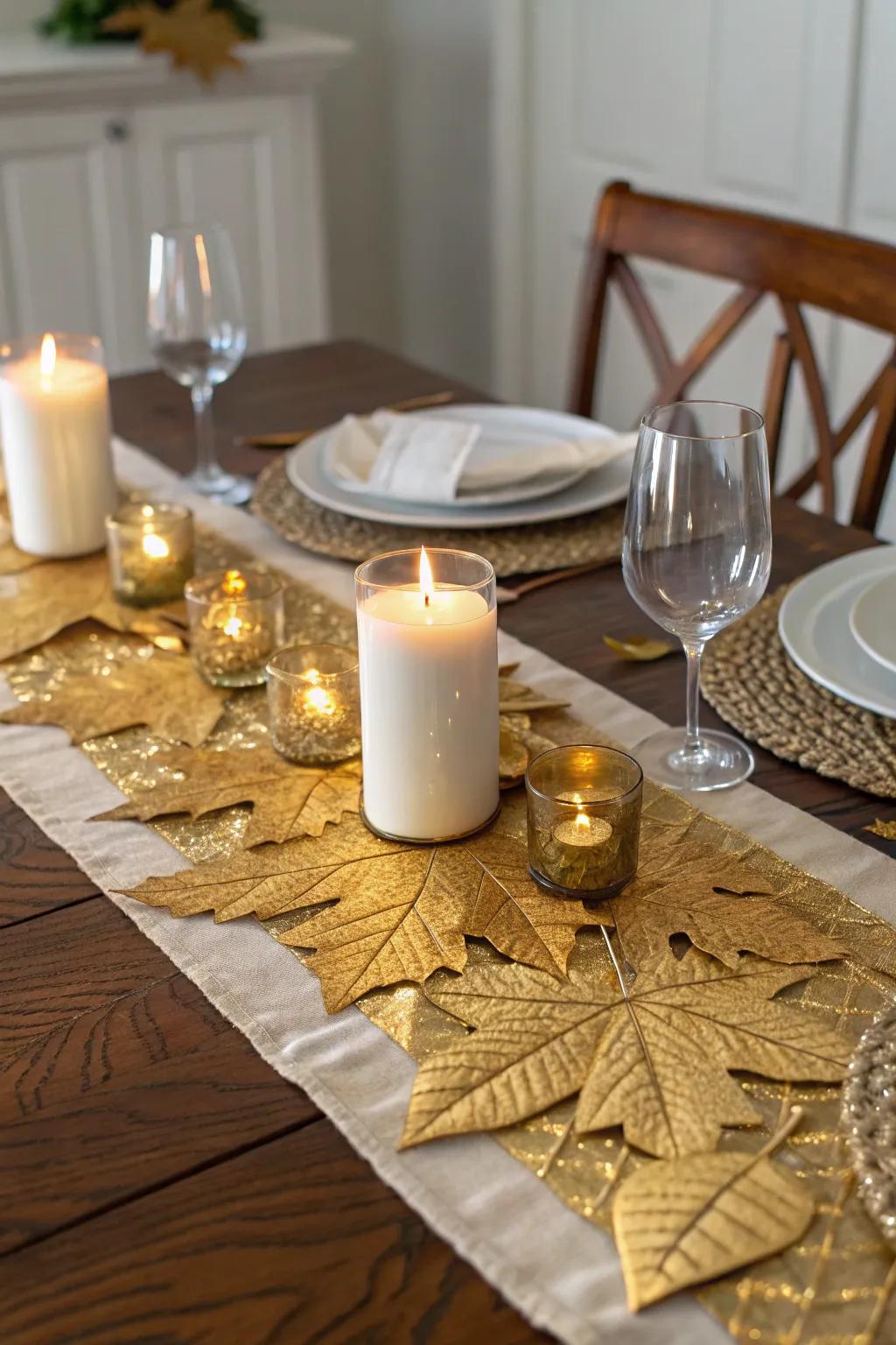 An enchanting gilded leaf table runner enhanced with glowing candles.