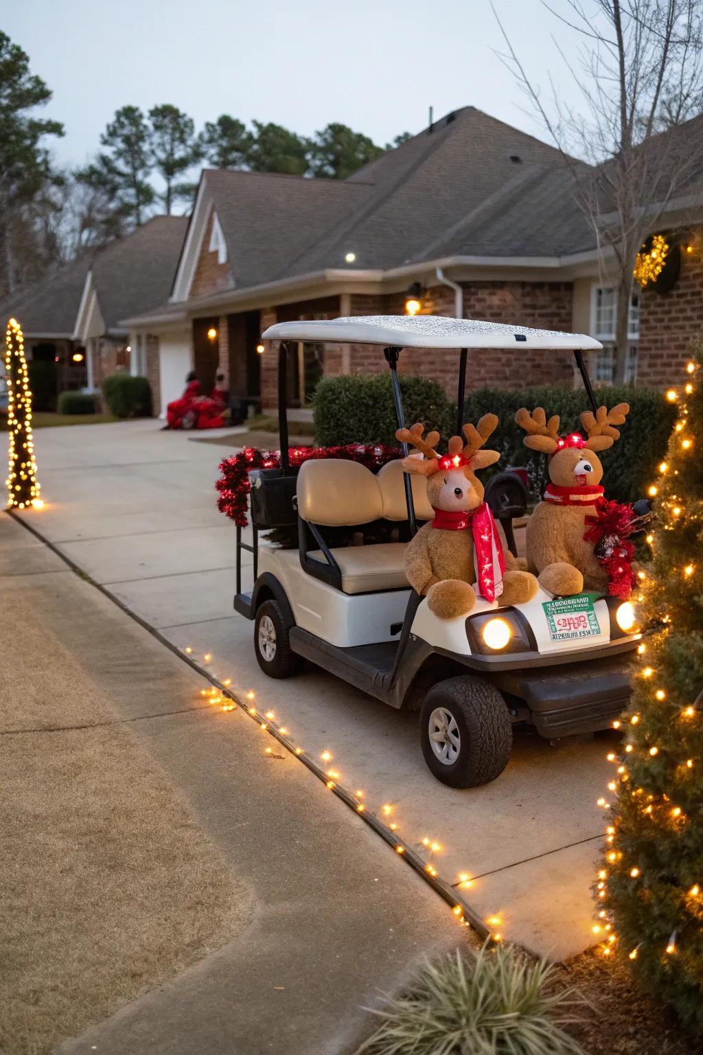 Rudolph leading the charge on this festive golf cart.
