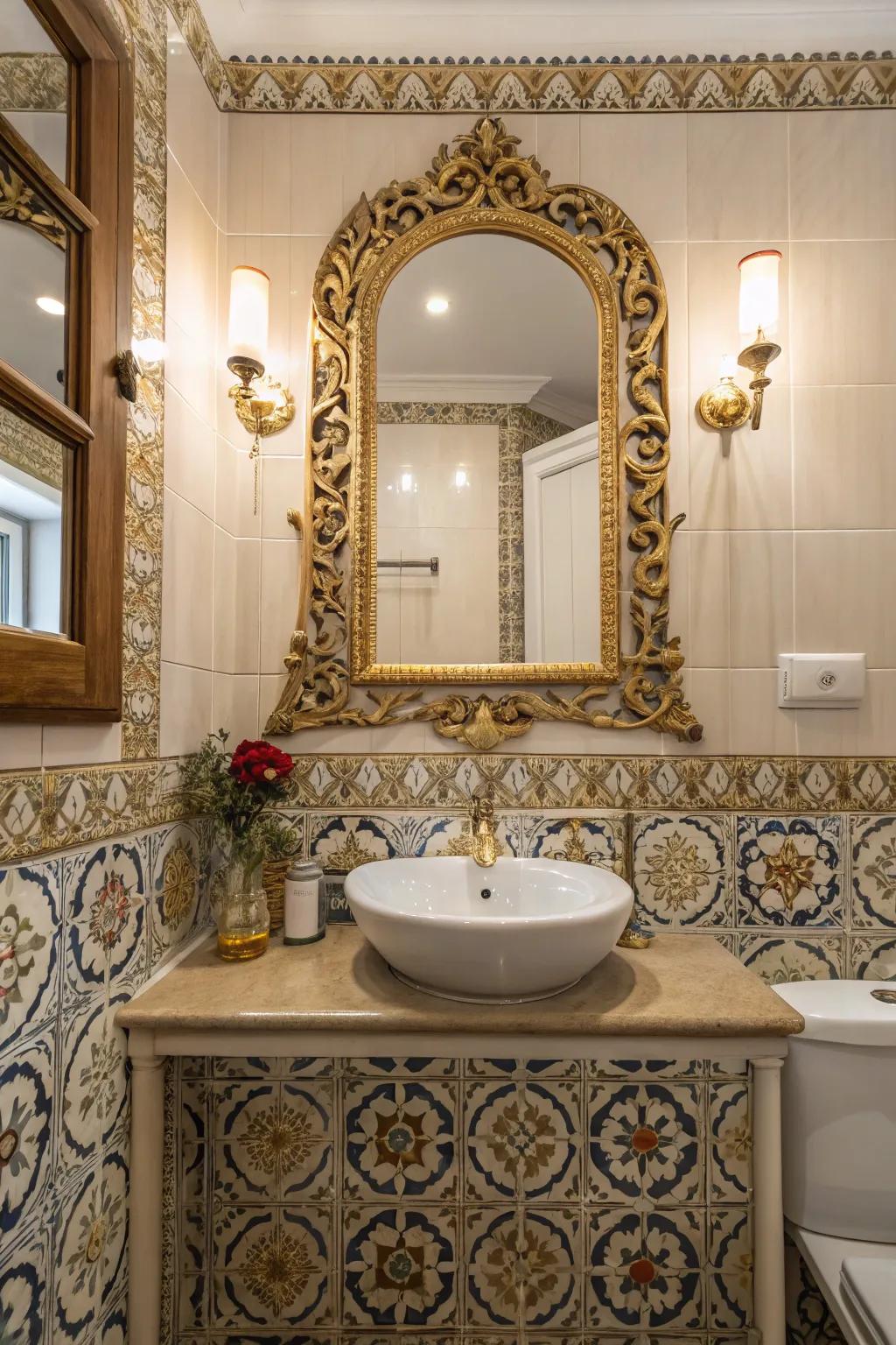 Elaborate features amplify the gothic charm of this bathroom.