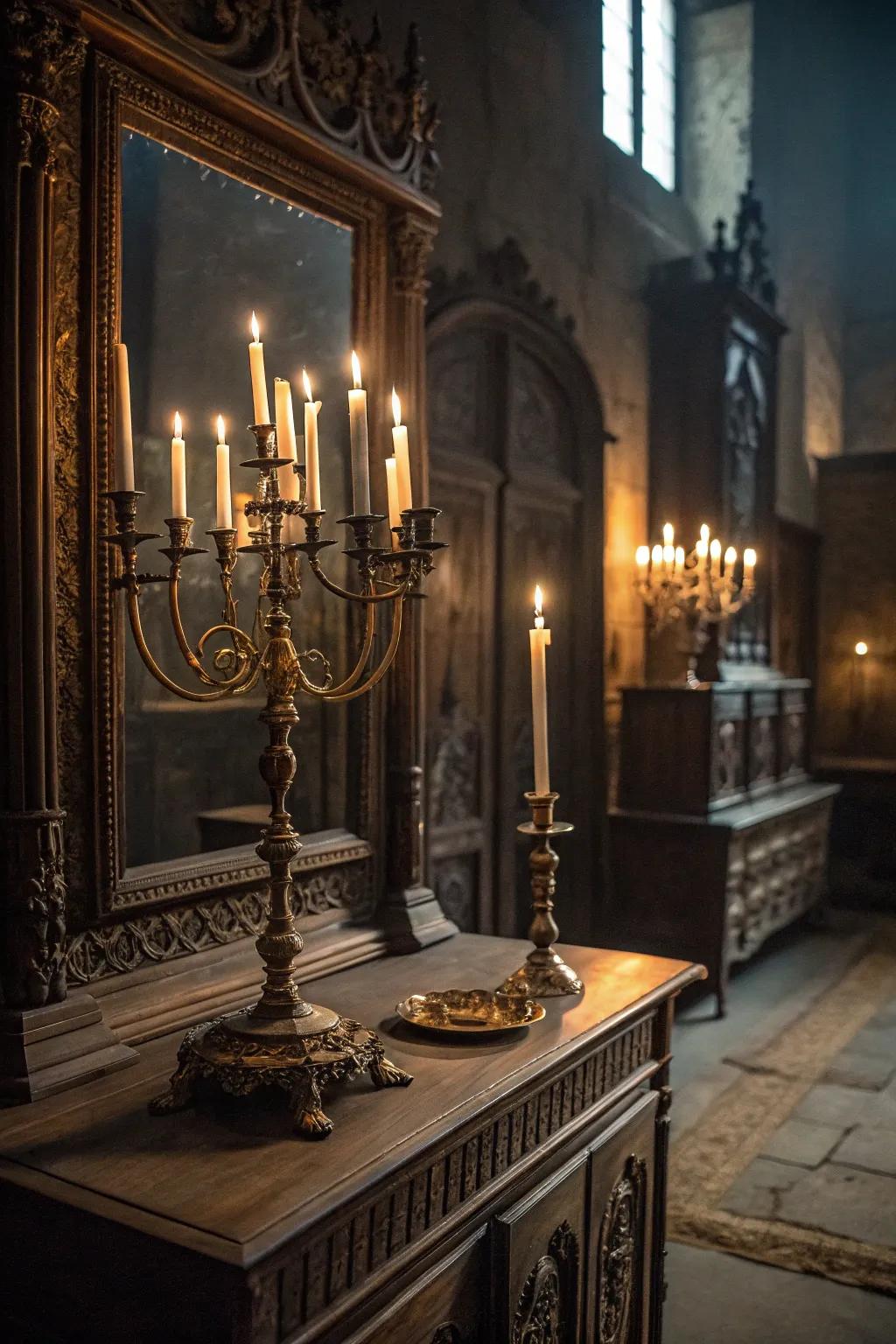 A candelabra adds warmth and mystery to your gothic vanity.