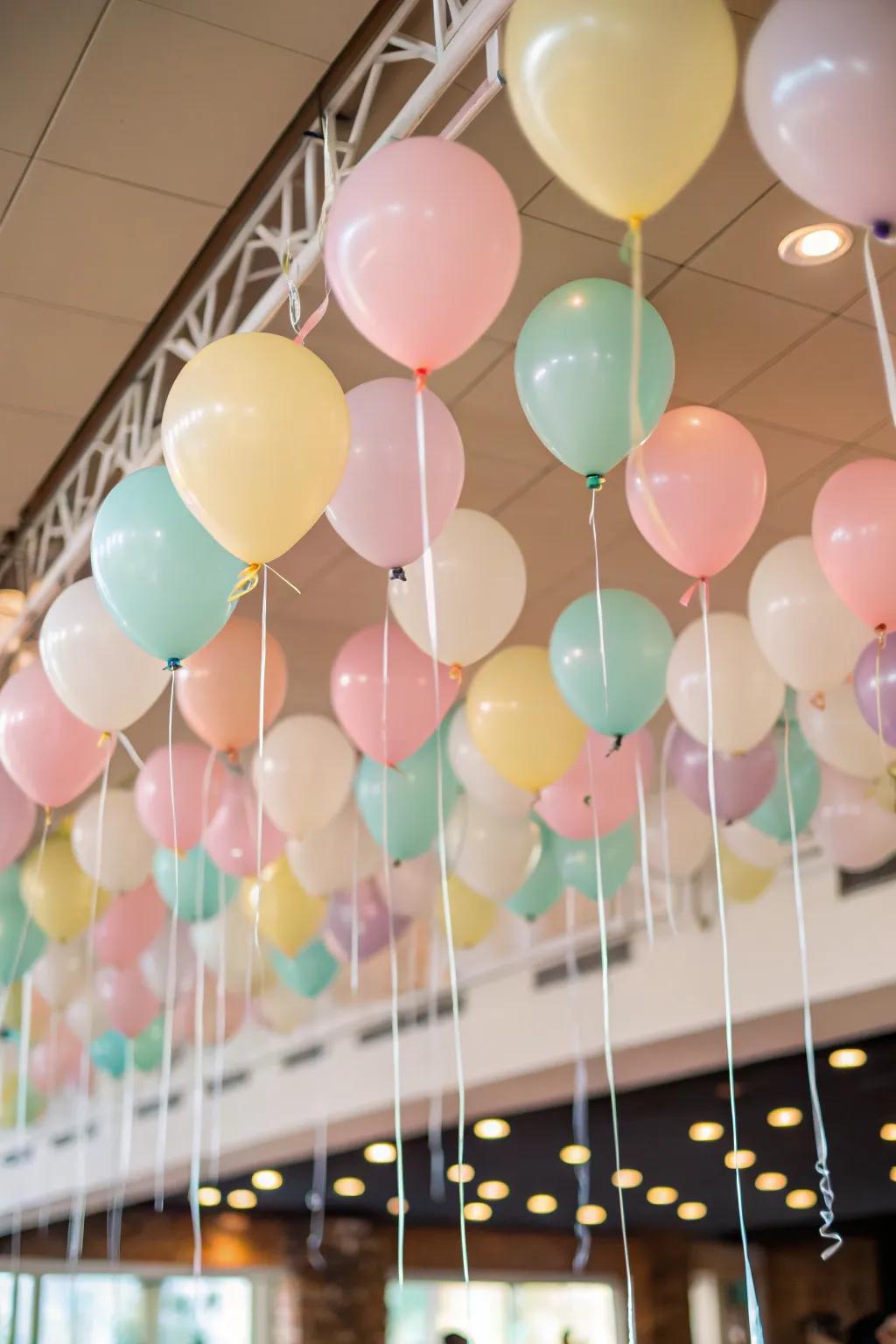 Hanging balloons turn the ceiling into an appealing scene.