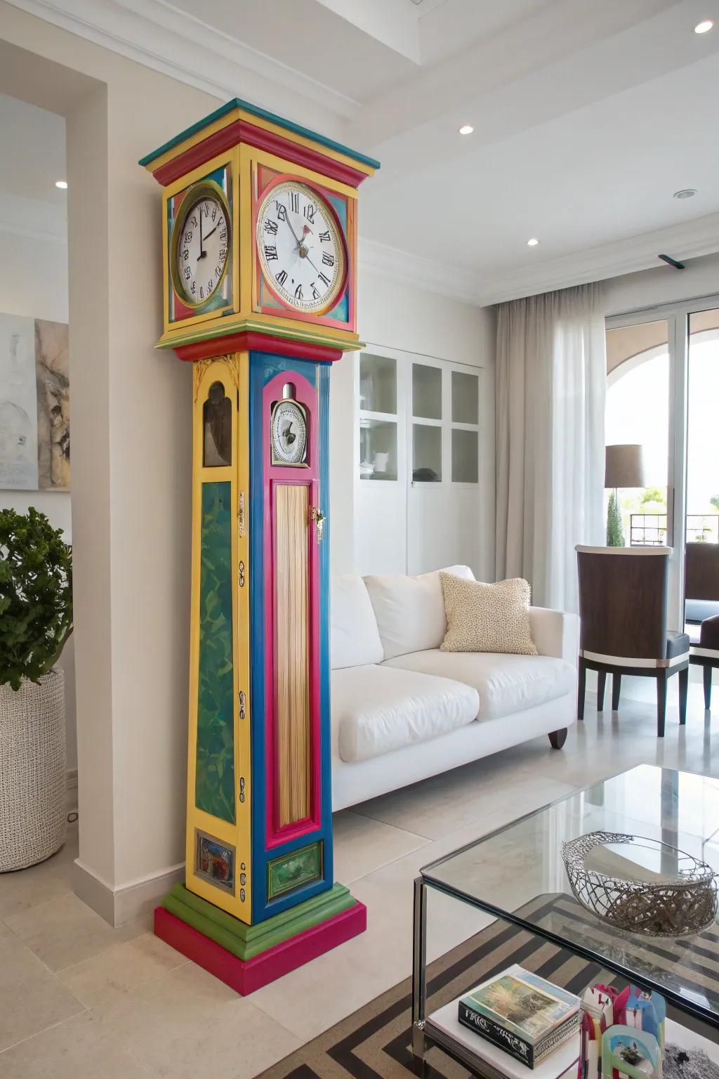 A bold paint selection transforms a pendulum timepiece into a modern centerpiece.
