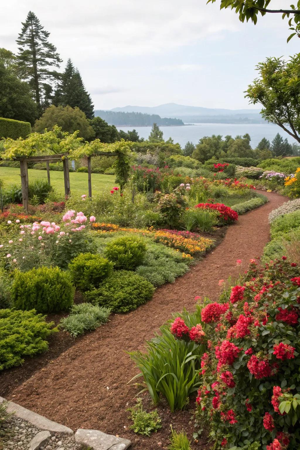 Wood chips keep moisture in and unify the garden’s appearance.