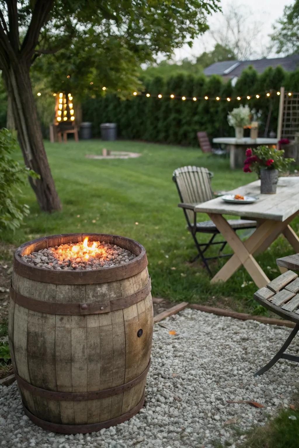 Barrel tables add a countryside charm to your fire feature area.