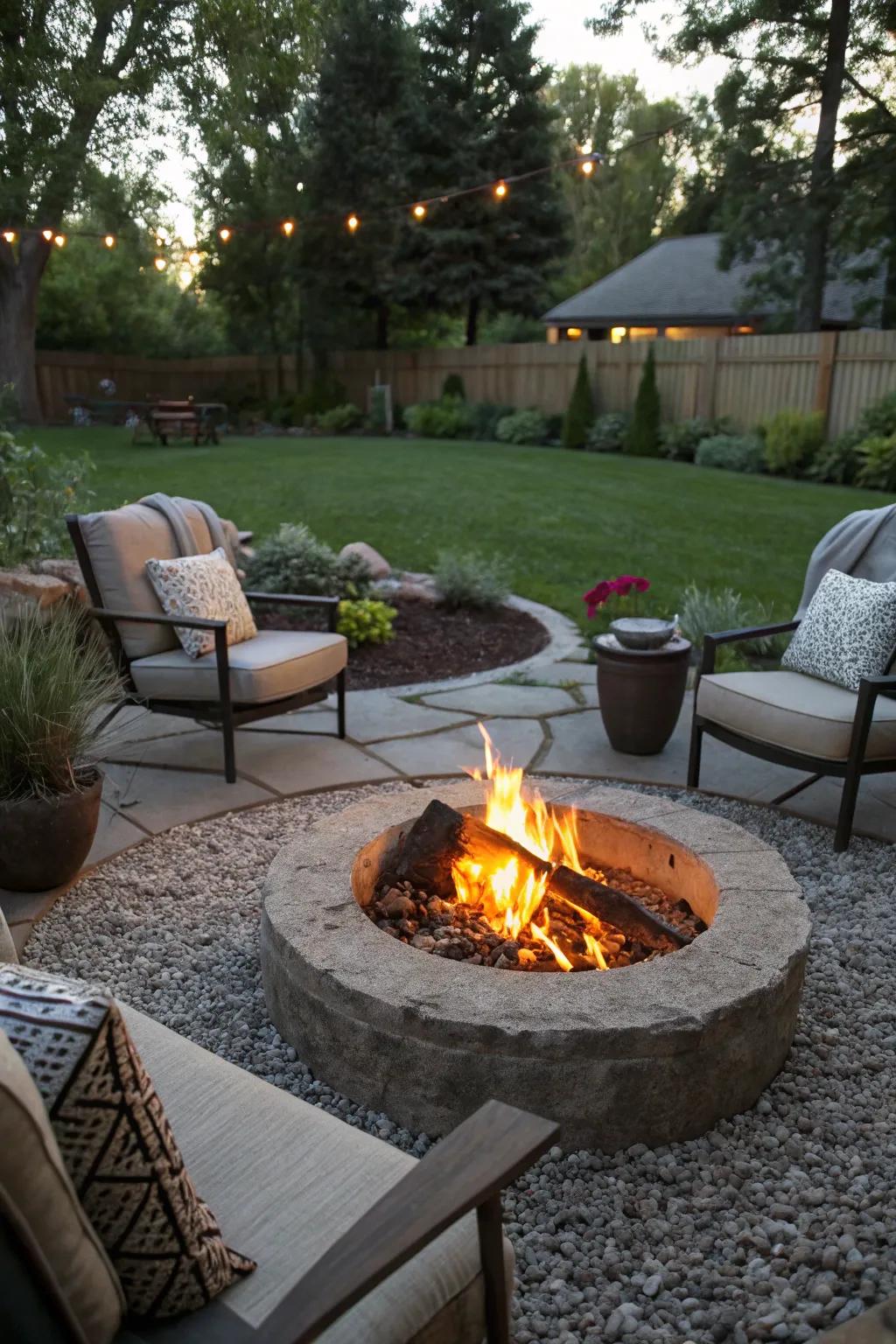 A cozy fire pit section using pebbles, best for get-togethers.