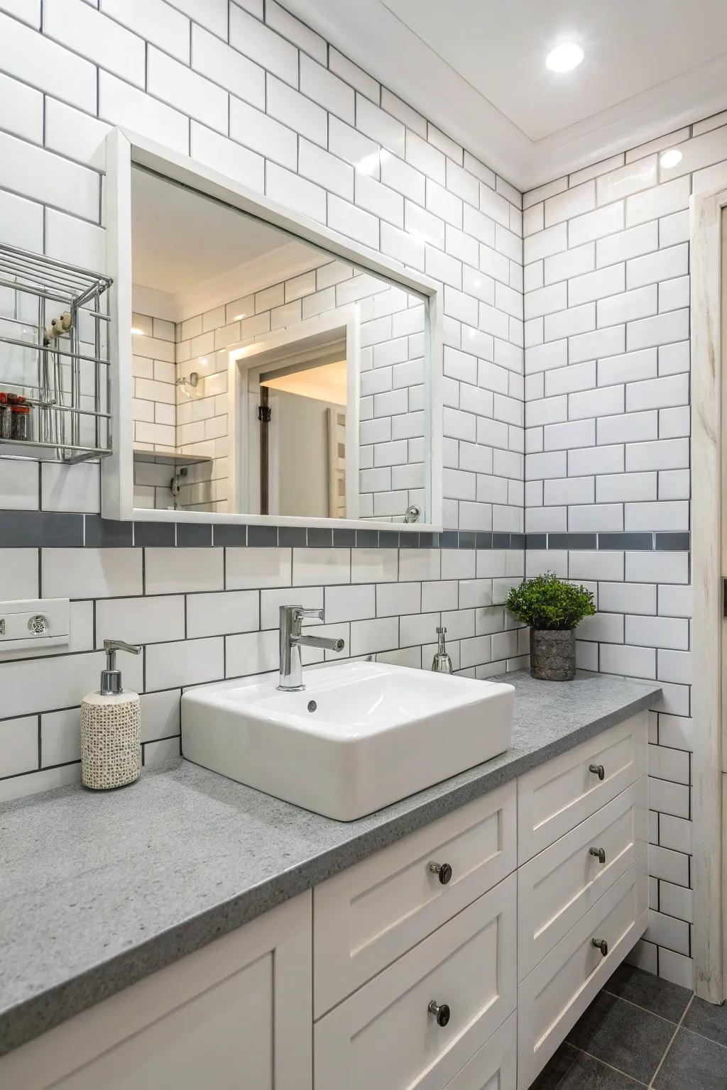 White block tiles accented with gray grout offer timeless attraction.