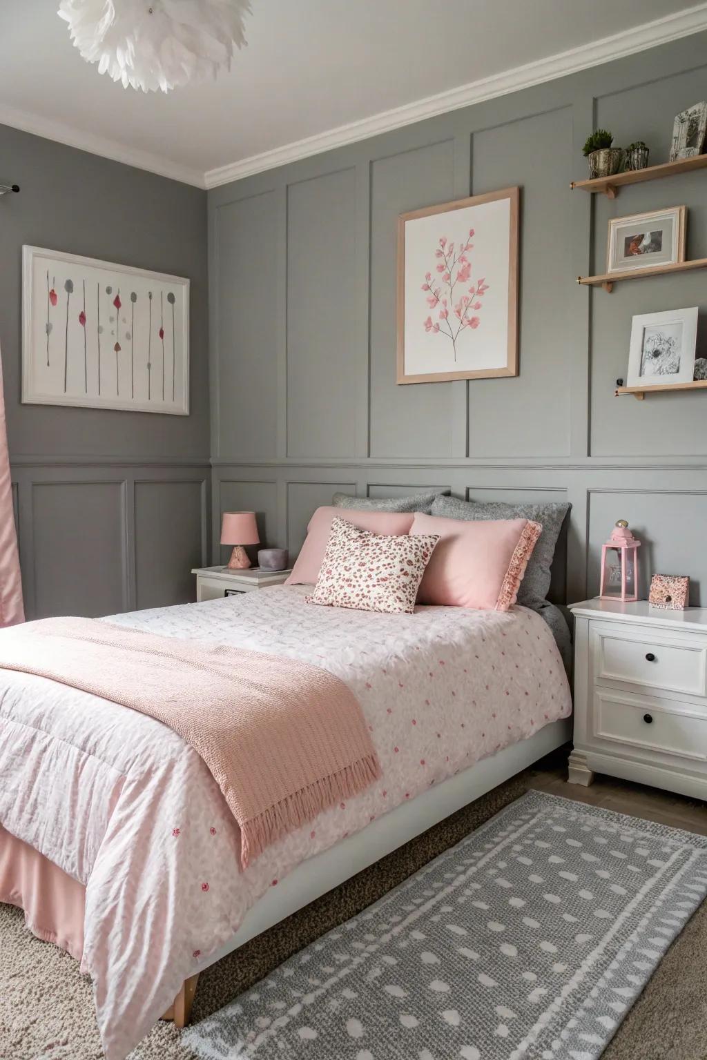 A romantic gray and rose pink bedroom.