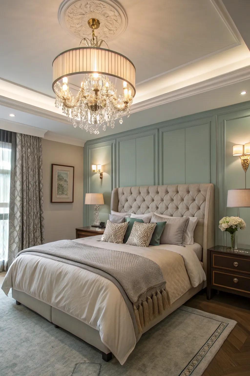 Elegant lighting incorporates a dash of glamour to the guest bedroom.