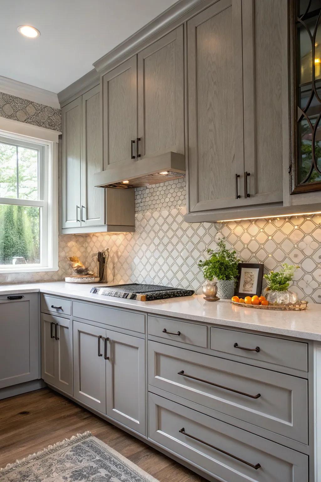 Detailed tiles enhance the smooth surface of gray cabinets.