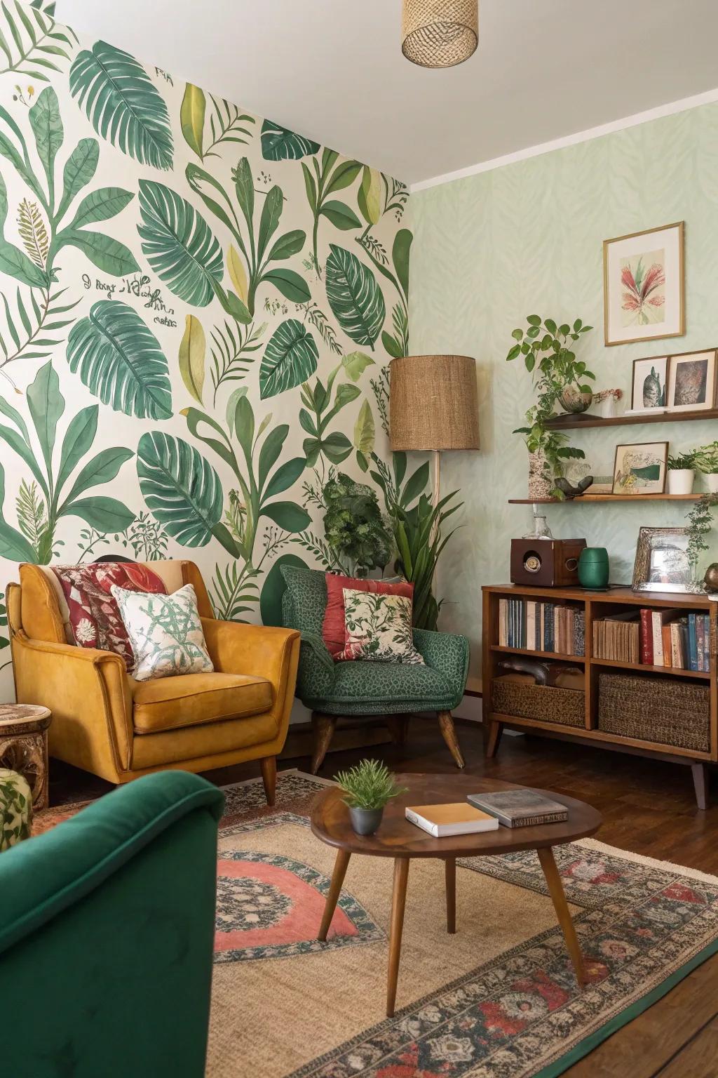 Botanical patterns bring dramatic nature-inspired touches indoors.