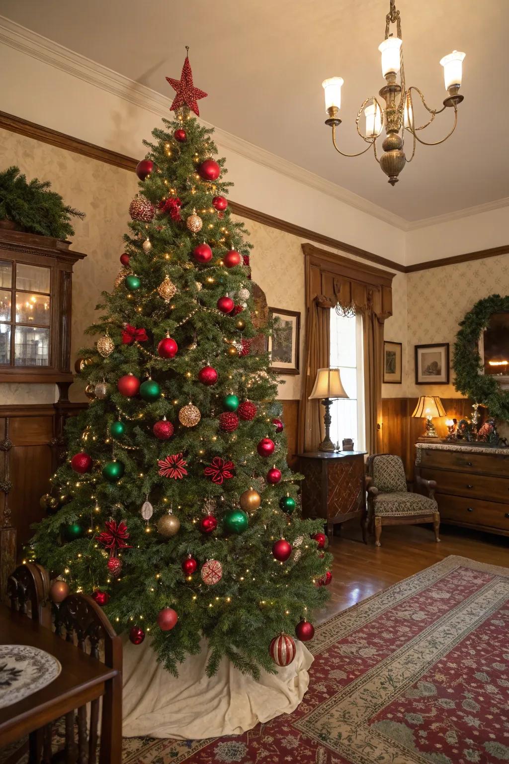 A charming vintage-themed Christmas tree featuring red and green ornaments.