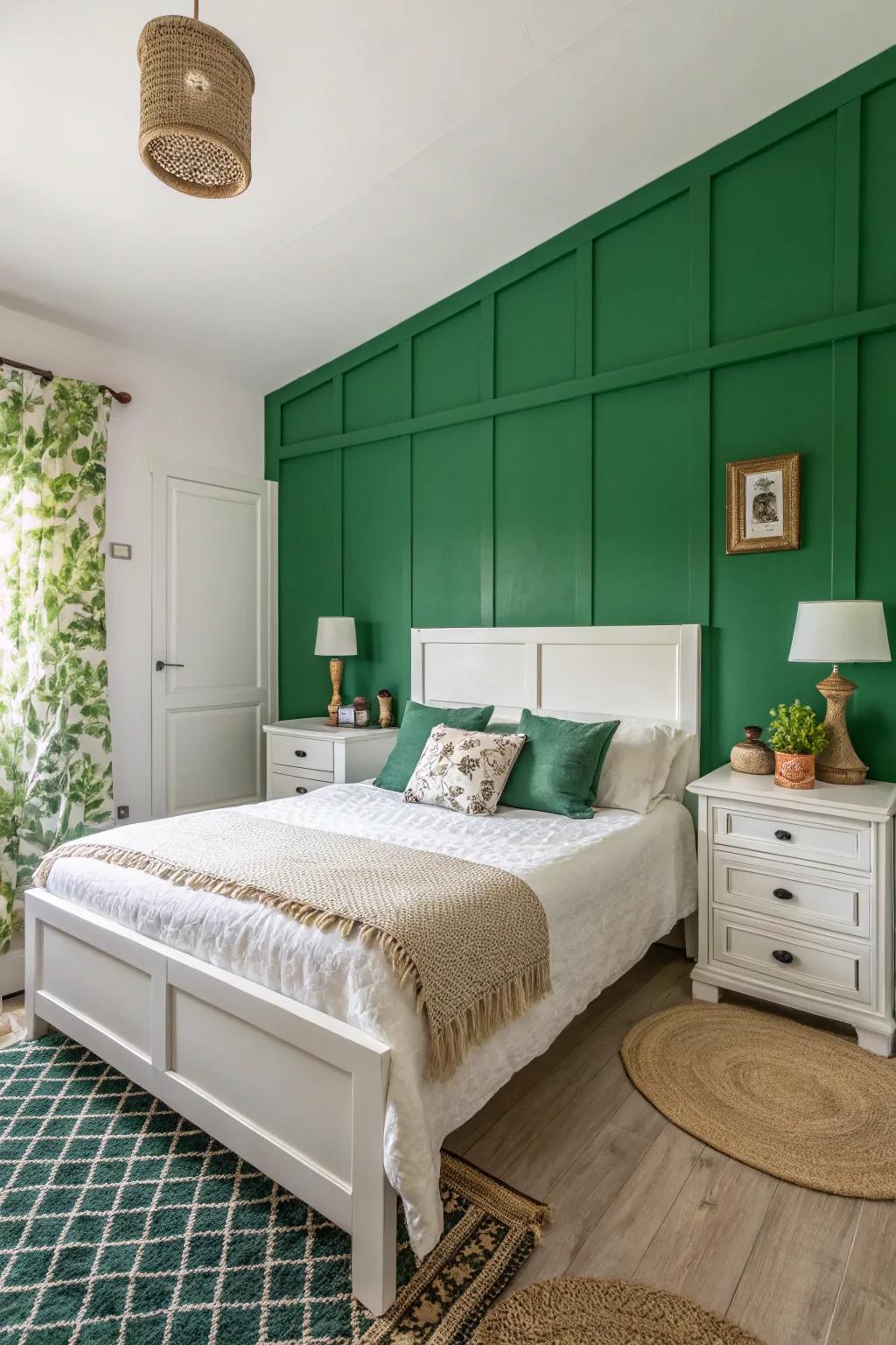 A bold green feature wall adds drama and depth.