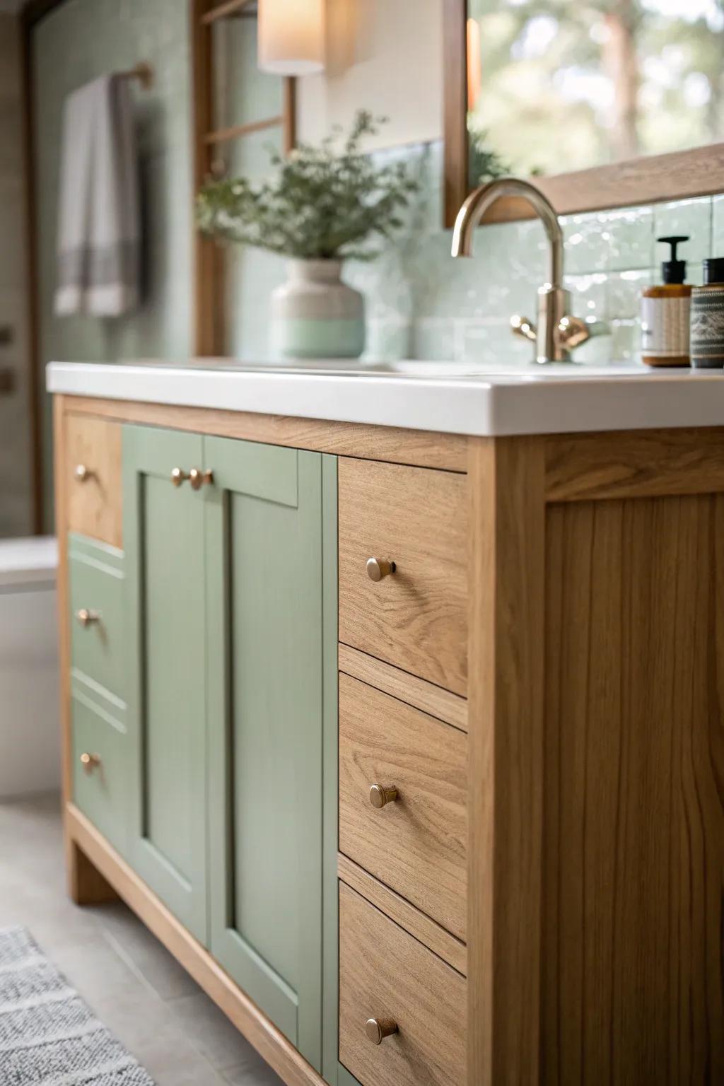 Sage green vanity creating a serene Zen-like space.