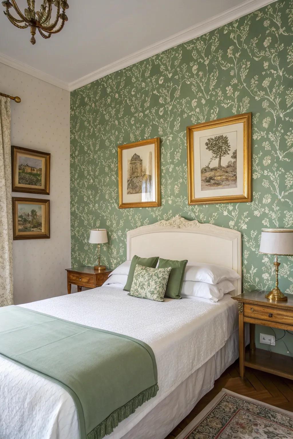 Green wall finishes enhance elegance and depth to the area.