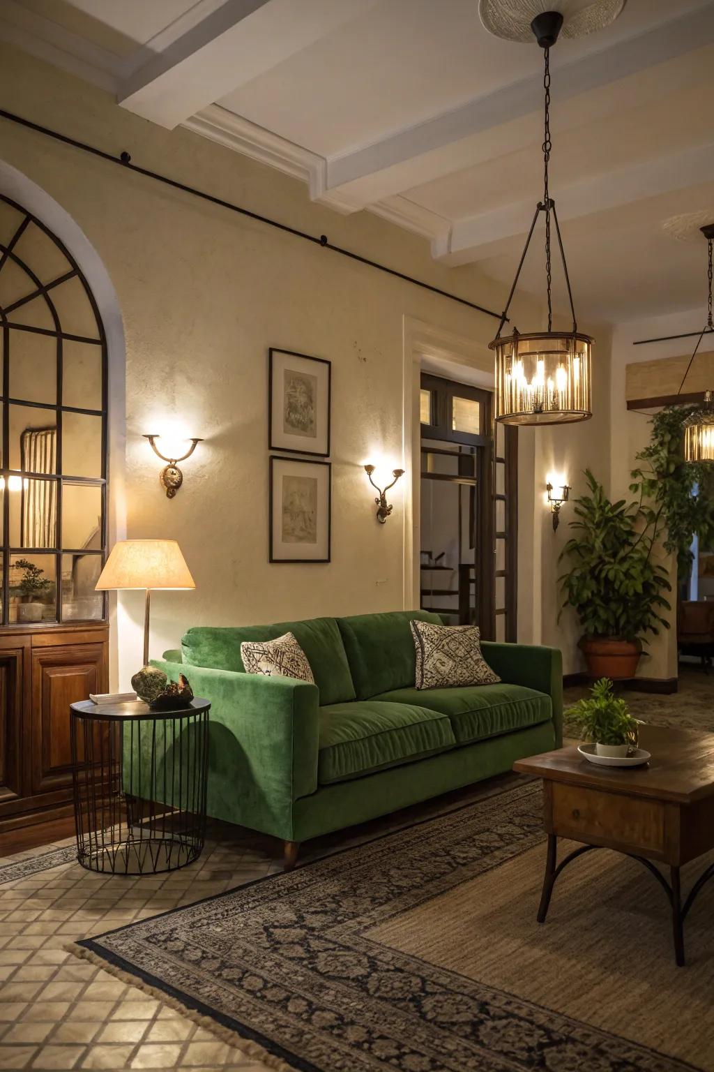 Multi-level illumination enhances the visual charm of a green sofa while shaping the room's mood.