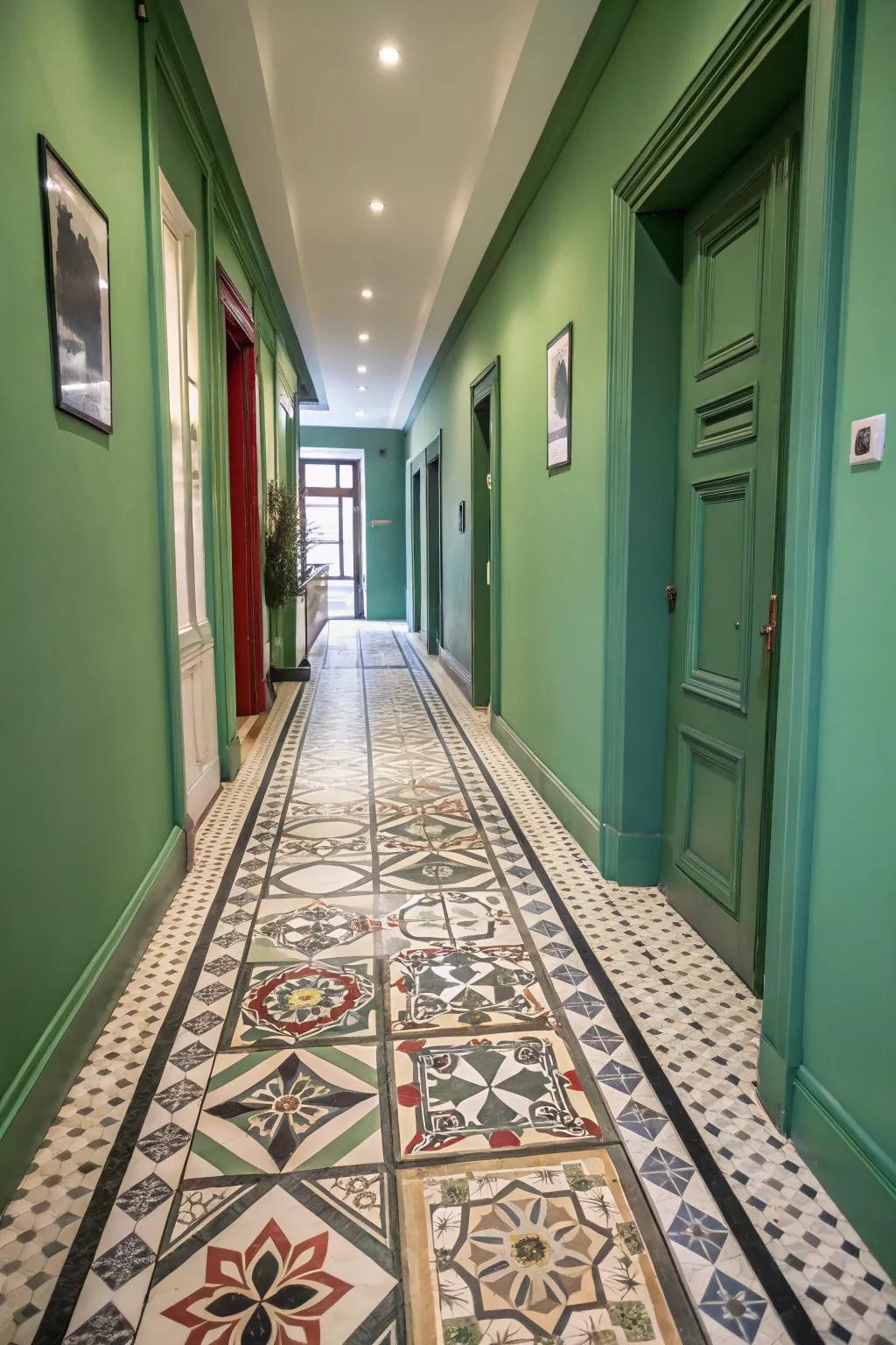 Patterned tiles add a modern twist to this green-themed hallway.