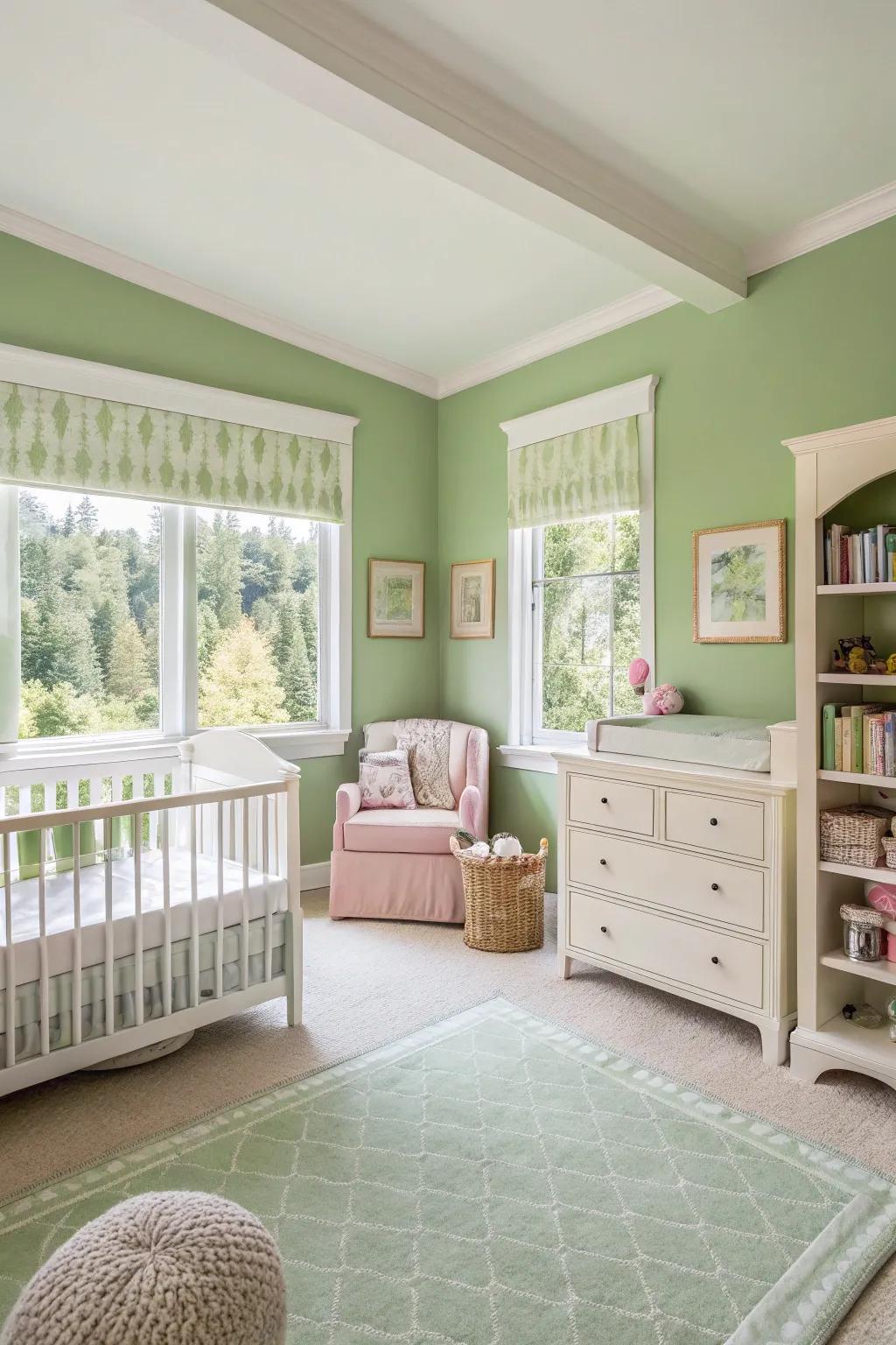Neutral furniture balances the soothing green background.