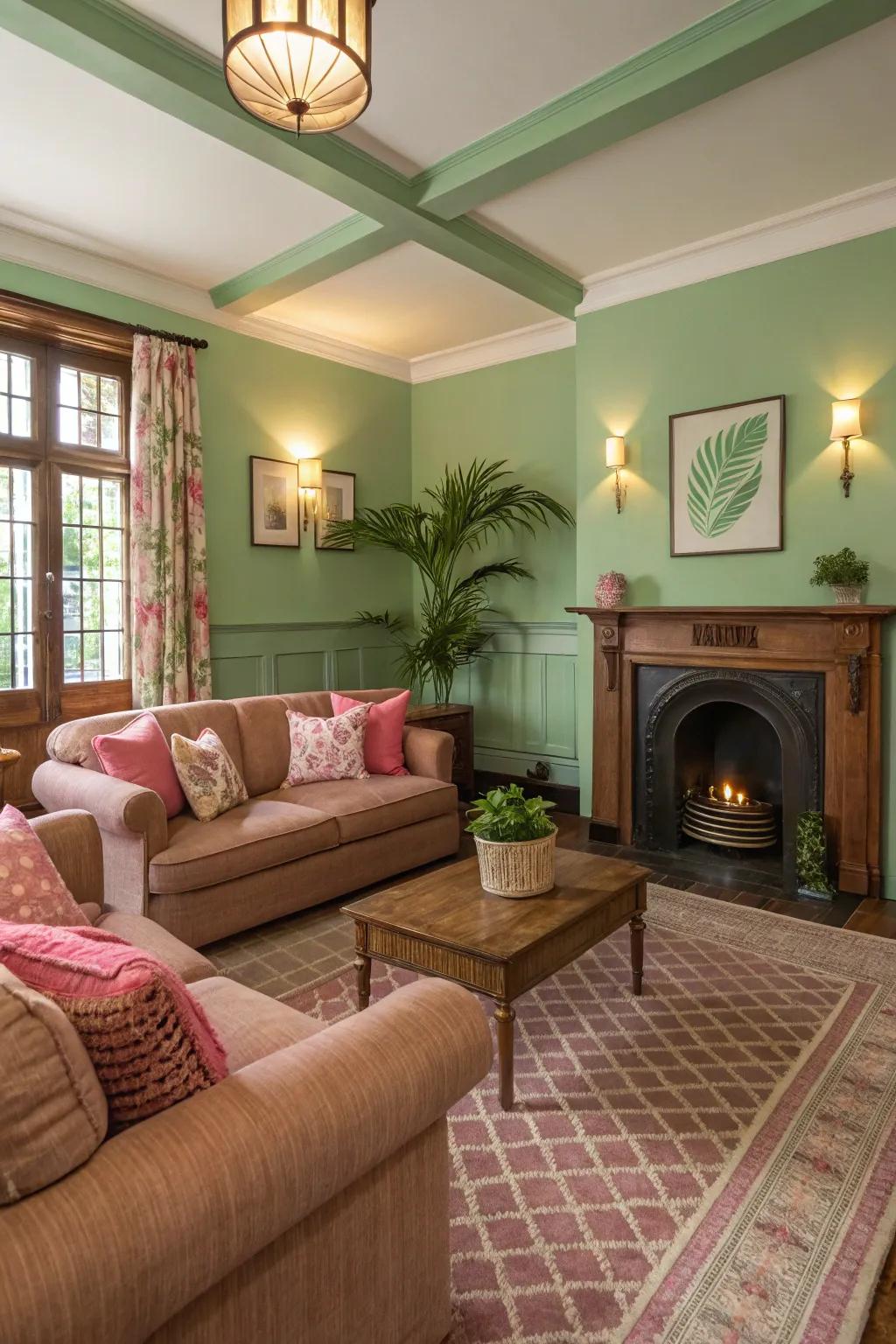 Pale pink and earth-toned features add warmth to this green-themed interior.
